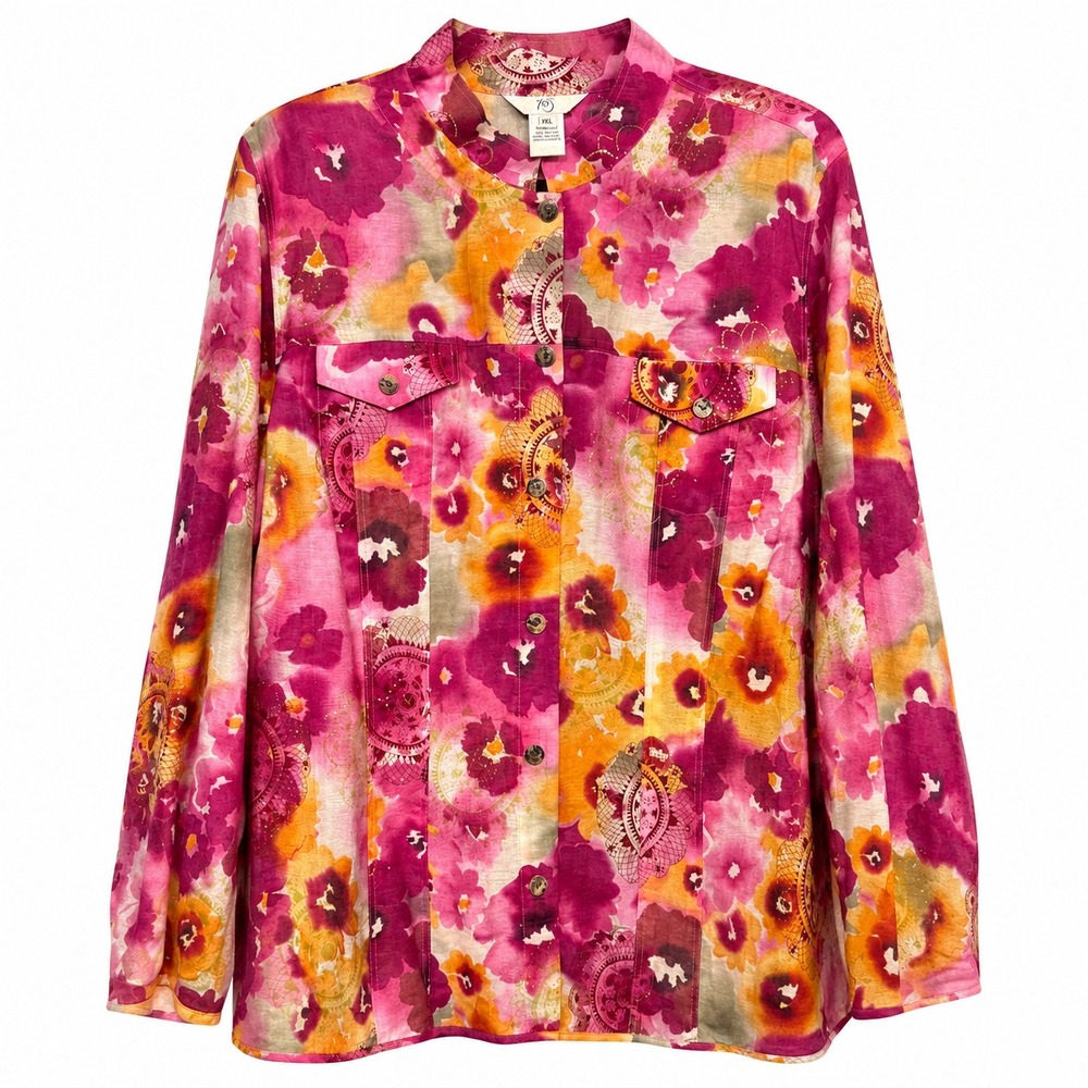 Vintage Dopamine Dressing Artsy Floral‎ Top Womens XL Pink Boho Retro Revival